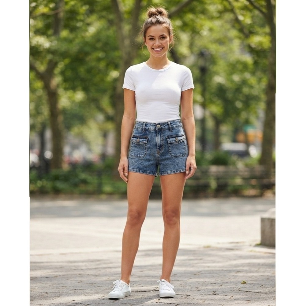 Project Rebel Forever 21 High Rise Acid Wash Denim Utility Shorts Size 11 NEW
